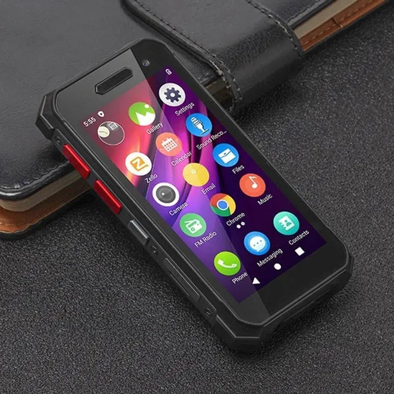 The 4g three-proof mini phone is a waterproof and drop-proof device with a small size and a face fingerprint feature.