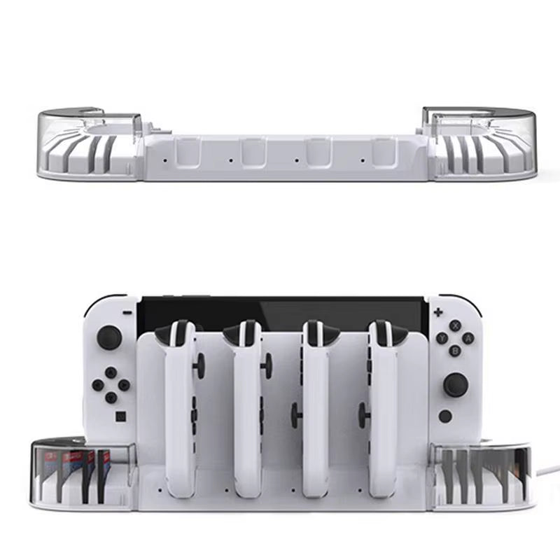 The game card storage box includes a switch oleds controller charging dock station, which is compatible with game consoles and provides a charger base for joycon gamepads.
