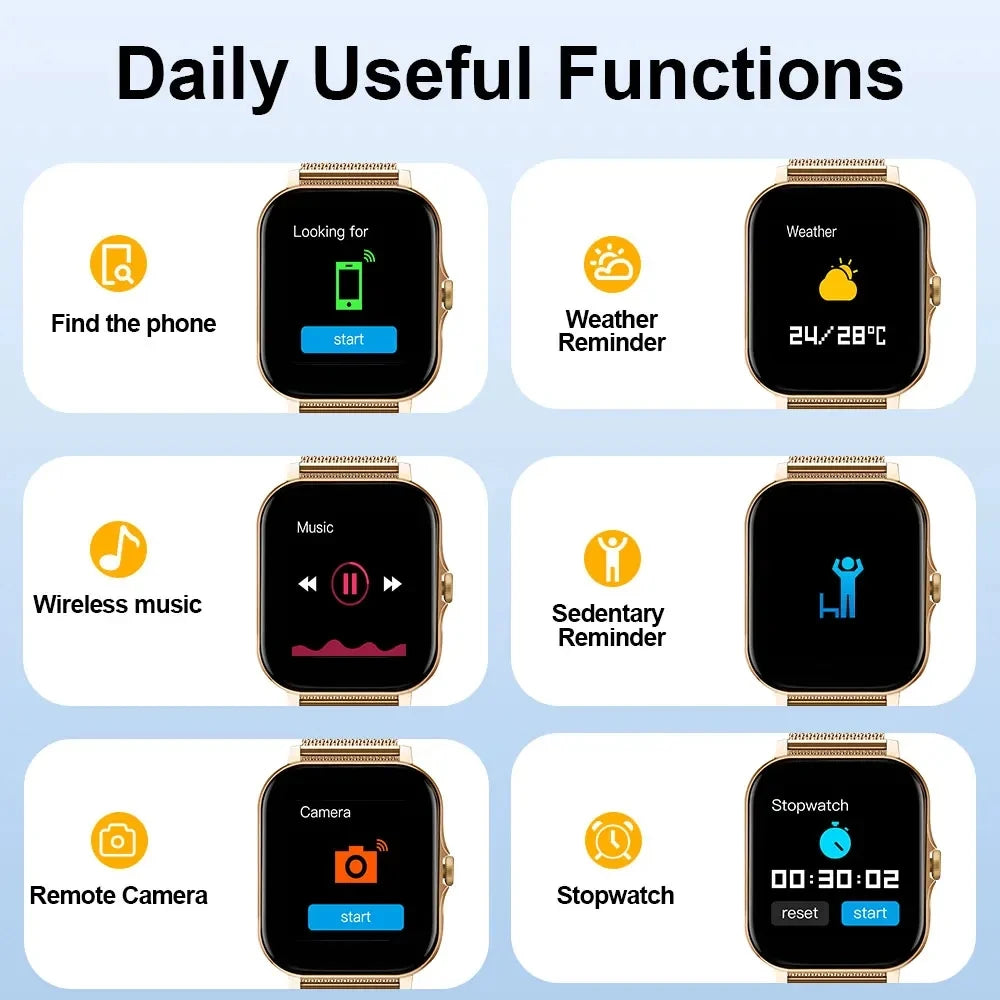 The 2024 smart watch for men and women is a 1.44" full-touch screen sports fitness watch with Bluetooth capabilities, digital display, and a smartwatch wristwatch design.