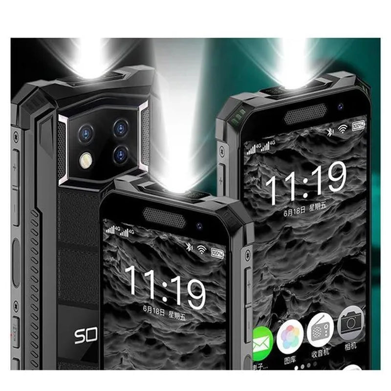 The 4g three-proof mini phone is a waterproof and drop-proof device with a small size and a face fingerprint feature.