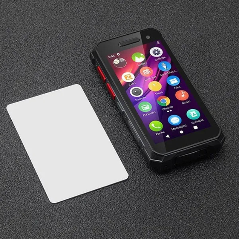 The 4g three-proof mini phone is a waterproof and drop-proof device with a small size and a face fingerprint feature.