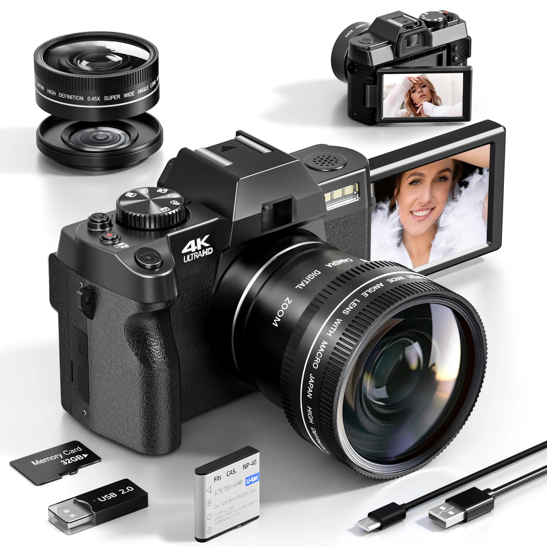 Compact digital photography camera 4k wifi web cam vintage vlog video recorder youtube 48mp camcorder 16x digital zoom camera.