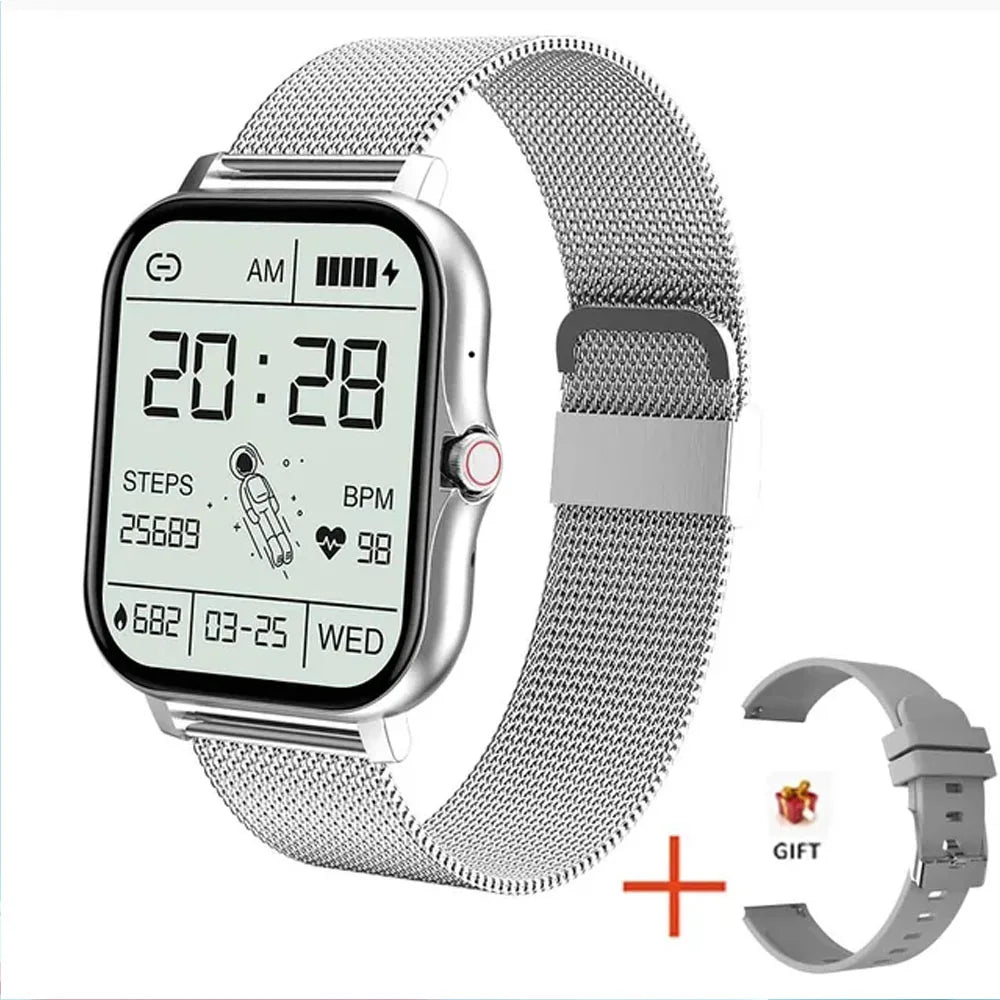 The 2024 smart watch for men and women is a 1.44" full-touch screen sports fitness watch with Bluetooth capabilities, digital display, and a smartwatch wristwatch design.