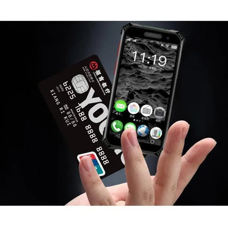 The 4g three-proof mini phone is a waterproof and drop-proof device with a small size and a face fingerprint feature.