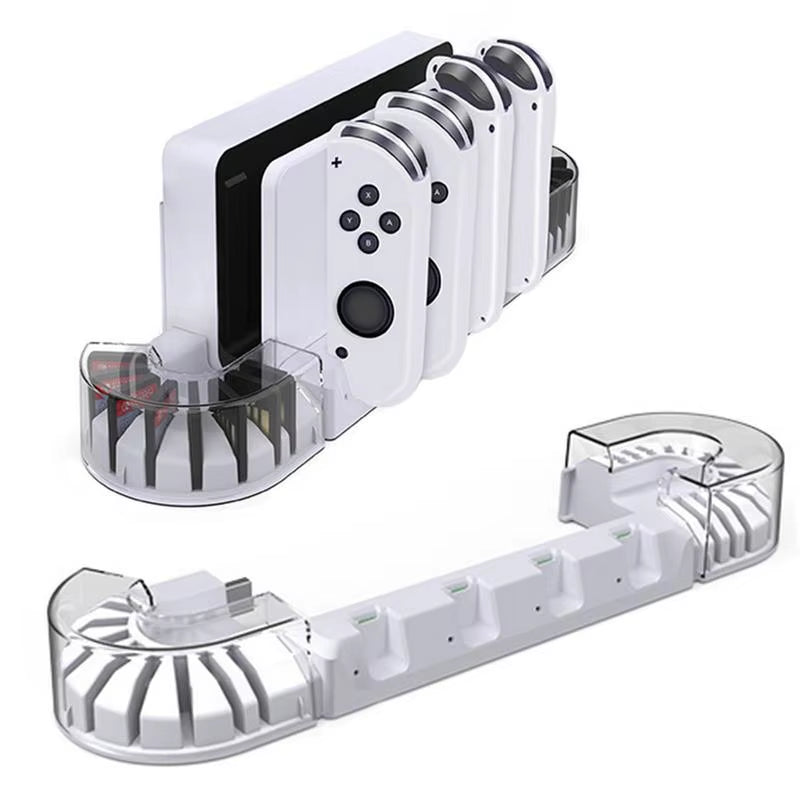 The game card storage box includes a switch oleds controller charging dock station, which is compatible with game consoles and provides a charger base for joycon gamepads.