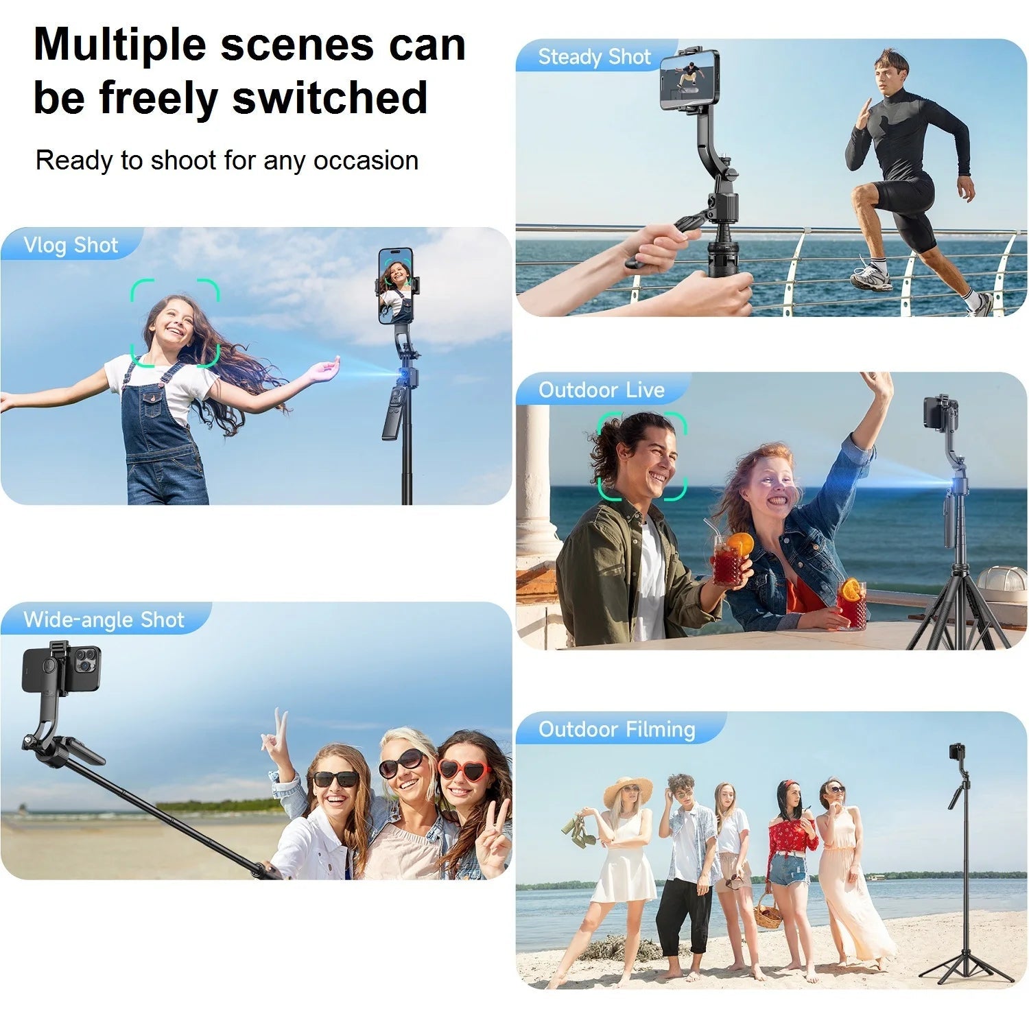 Extendable Auto Face Tracking Tripod 360° Rotation, No App, 64" Motion Sensor Phone Holder Stand Camera Mount for Videos Vlogs - Dymand