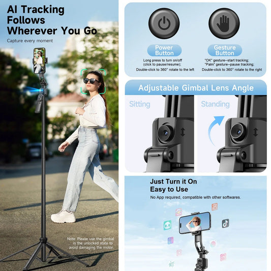 Extendable Auto Face Tracking Tripod 360° Rotation, No App, 64" Motion Sensor Phone Holder Stand Camera Mount for Videos Vlogs - Dymand