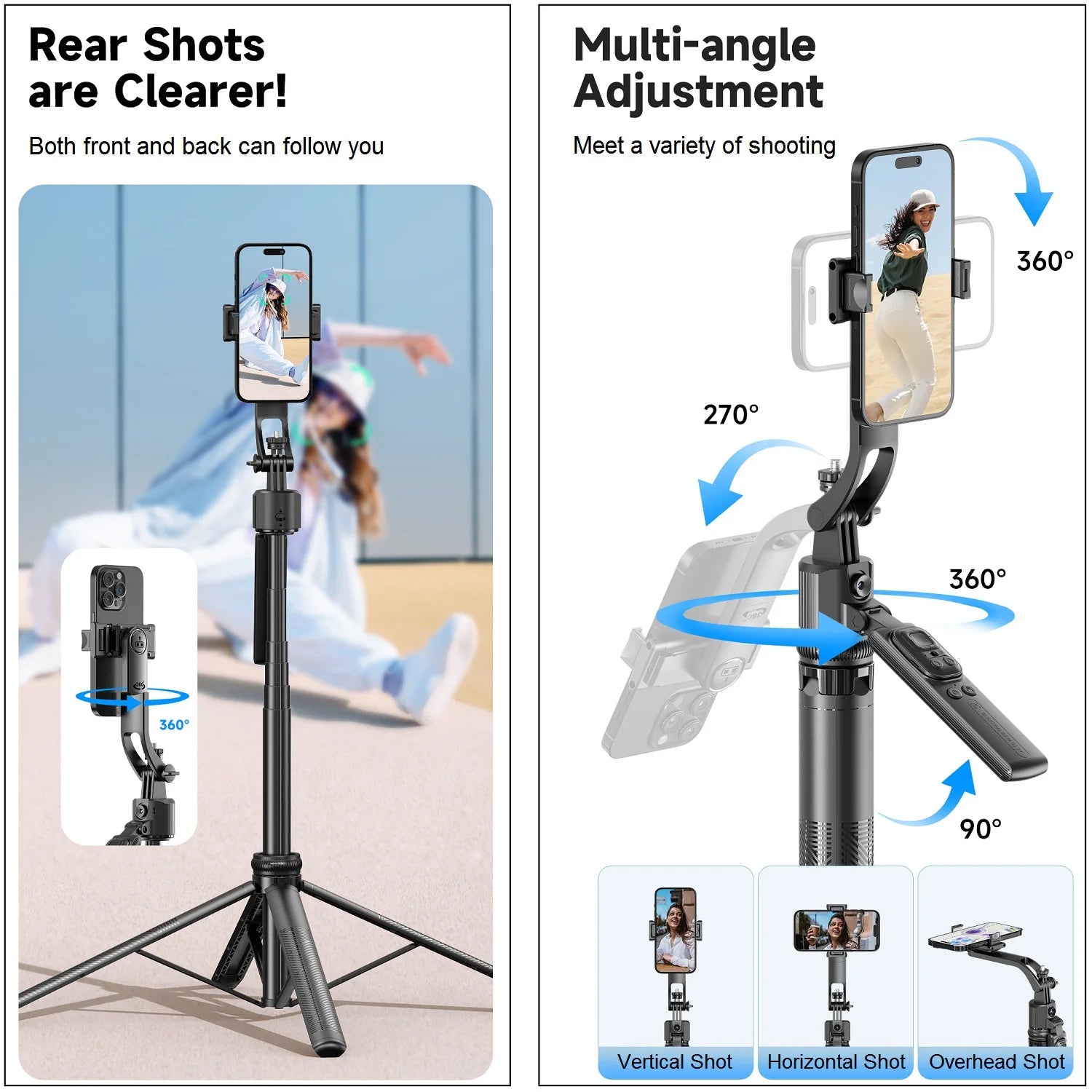 Extendable Auto Face Tracking Tripod 360° Rotation, No App, 64" Motion Sensor Phone Holder Stand Camera Mount for Videos Vlogs - Dymand