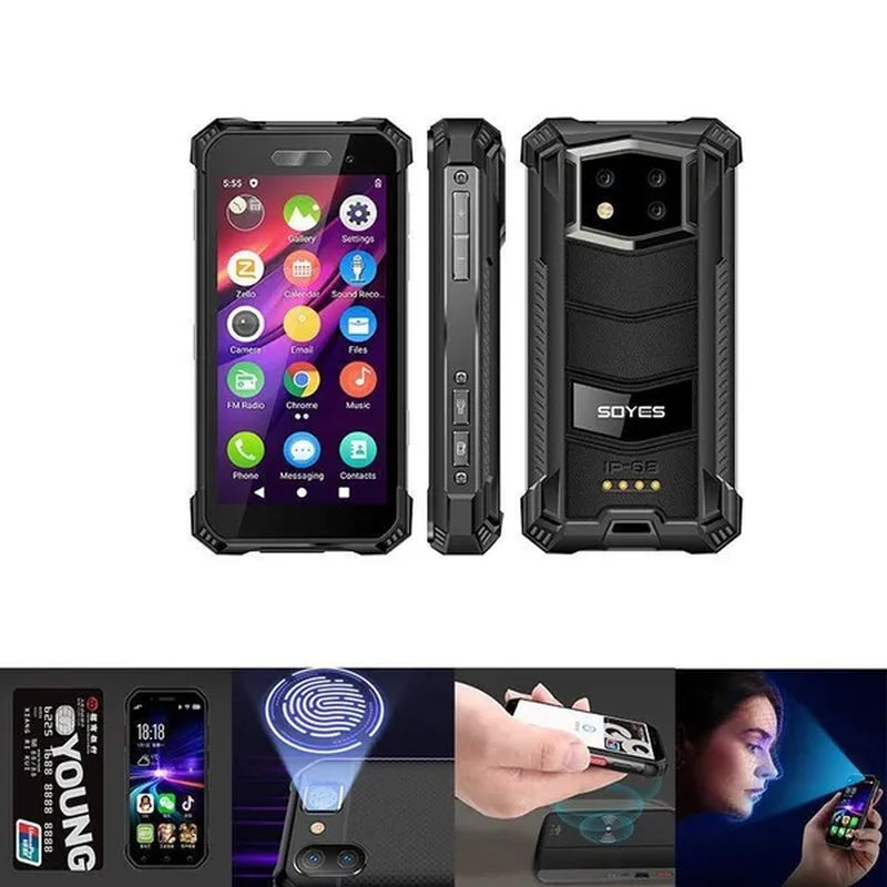 The 4g three-proof mini phone is a waterproof and drop-proof device with a small size and a face fingerprint feature.