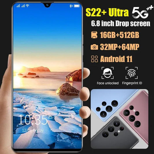 New mobile phone s22+ultra screen 6.8 inch smart phone 4g/5g mobile phone smart phone ultra - thin 16gb+512gb face unlocking mobile phone dual sim card mobile phone supports tf card smart phone. - Dymand