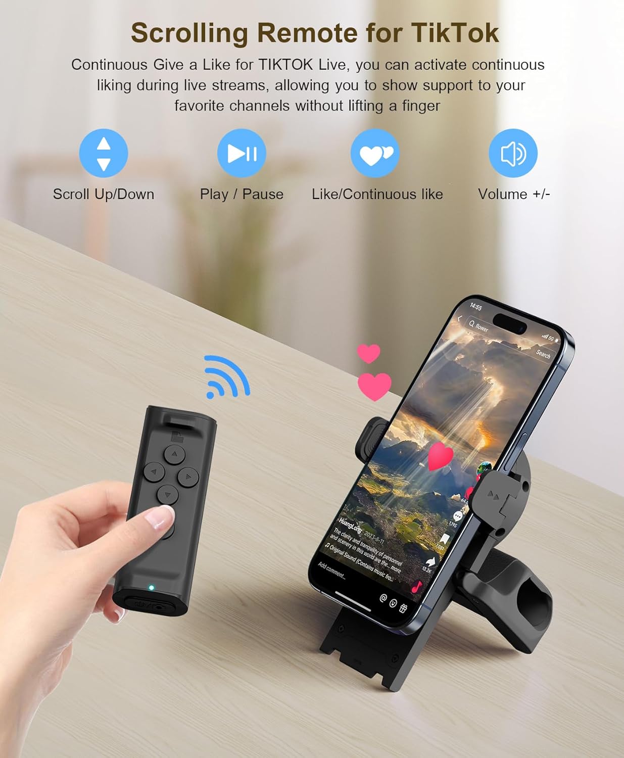 Remote control scrolling for TikTok, page turner for Kindle app, camera camcorder remote controls, scrolling remote for TikTok/iOS/Android/iPad/iPhone/tablet with phone stand - Dymand