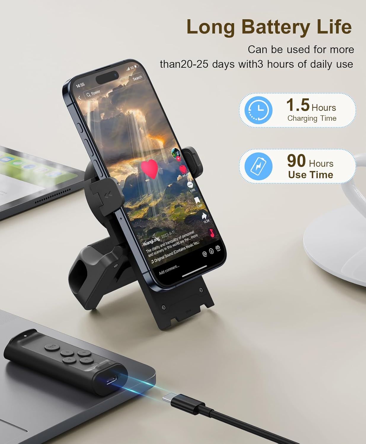 Remote control scrolling for TikTok, page turner for Kindle app, camera camcorder remote controls, scrolling remote for TikTok/iOS/Android/iPad/iPhone/tablet with phone stand - Dymand