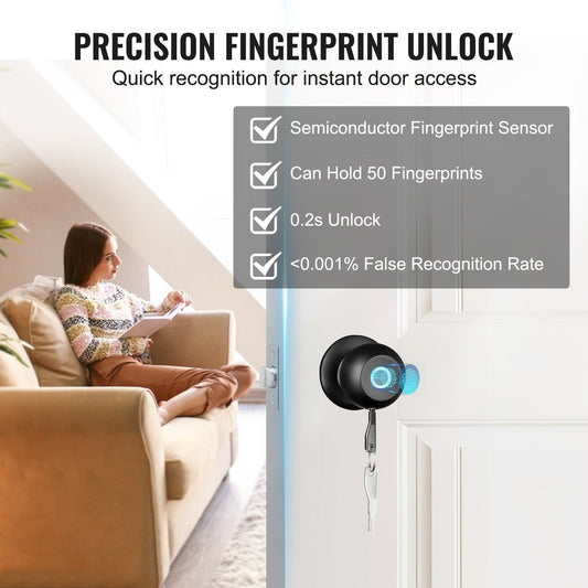 Smart Door Knob – Biometric Bluetooth Smart Lock with Fingerprint Access & APP Control – Easy Installation for Home, Bedrooms, Cloakrooms, Hotels, Apartments, and Offices – Sleek Black Design - Dymand