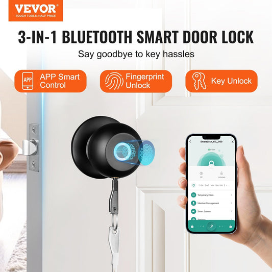 Smart Door Knob – Biometric Bluetooth Smart Lock with Fingerprint Access & APP Control – Easy Installation for Home, Bedrooms, Cloakrooms, Hotels, Apartments, and Offices – Sleek Black Design - Dymand