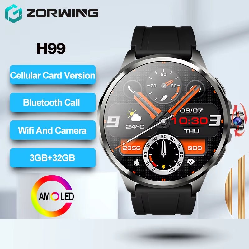 The H99 cellular 4G card version smartwatch with an amoled display, wifi connectivity, GPS, camera, and 32GB of storage is available in both men's and women's models. - Dymand