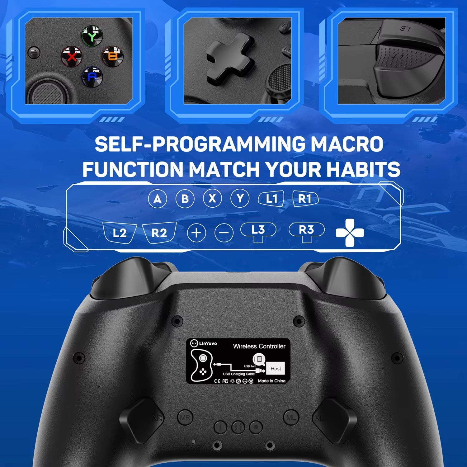 The Linyuvo wireless controller for switch/pc/ios/android/tesla car is equipped with vibration, motion, turbo, metal joystick, and led light features. - Dymand