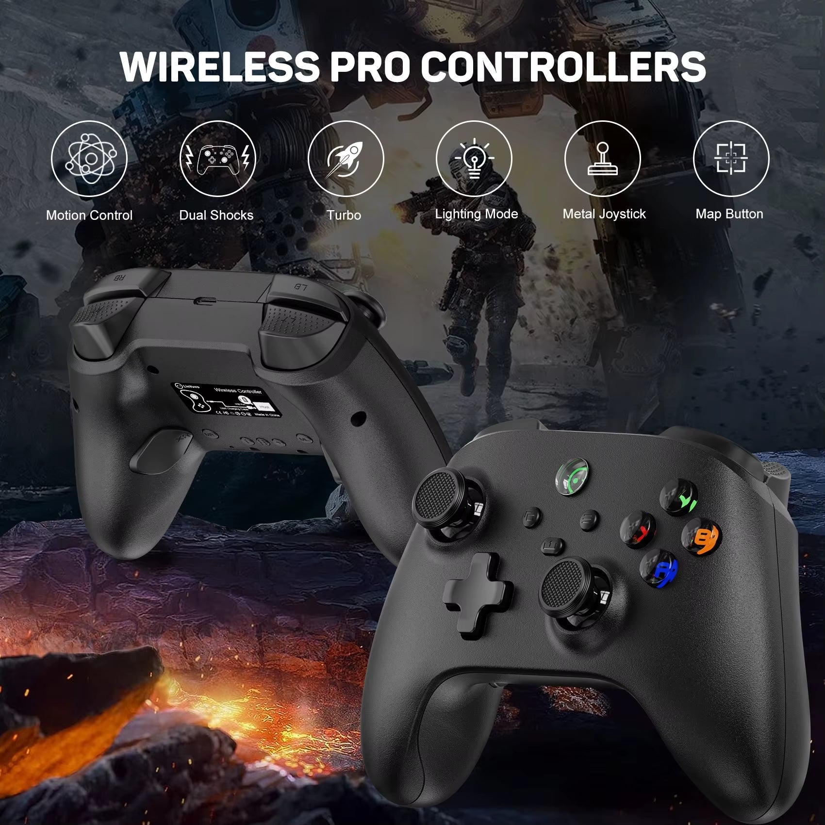 The Linyuvo wireless controller for switch/pc/ios/android/tesla car is equipped with vibration, motion, turbo, metal joystick, and led light features. - Dymand
