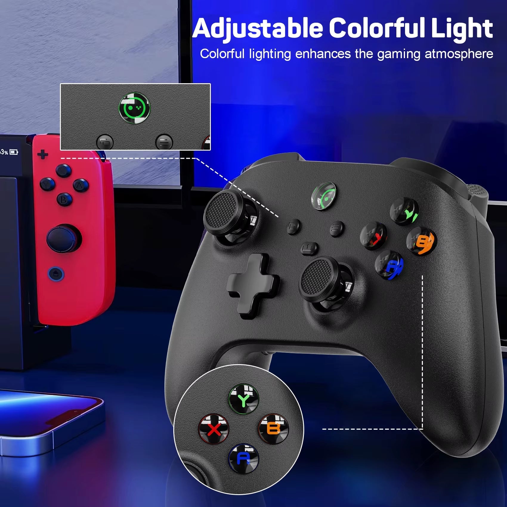 The Linyuvo wireless controller for switch/pc/ios/android/tesla car is equipped with vibration, motion, turbo, metal joystick, and led light features. - Dymand
